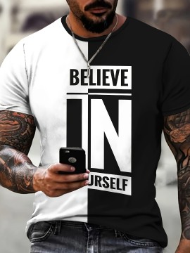 Believe In Yourself Mens Casual Street Fashion Stretch Tee Shirt - Inspirational Print, Lightweight & Breathable Round Neck Summer Wear for Confidence Boosting Style