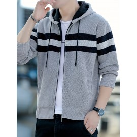 1pc Men'S Casual Color Block Chenille Hooded Knit Jacket - Polyester Long Sleeve Zip-Up with Slight Stretch, Regular Fit Hooded Sweater for Fall/Winter