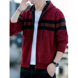 1pc Men'S Casual Color Block Chenille Hooded Knit Jacket - Polyester Long Sleeve Zip-Up with Slight Stretch, Regular Fit Hooded Sweater for Fall/Winter