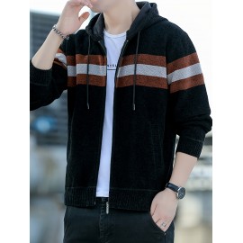 1pc Men'S Casual Color Block Chenille Hooded Knit Jacket - Polyester Long Sleeve Zip-Up with Slight Stretch, Regular Fit Hooded Sweater for Fall/Winter