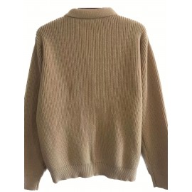 Men's Stylish Solid Knitted Shirt, Casual Slightly Stretch Breathable Lapel Zip Up Long Sleeve Shirt Top For City Walk Street Hanging K-pop