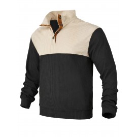 Mens Retro Color Block Knitted Mid Stretch Stand Collar Pullover Sweater - Warm, Casual, Long Sleeve, Button Front, Machine Washable - Perfect for Fall and Winter, Old Money Style