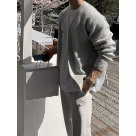 Men'S Casual V-Neck Cardigan, Polyester Knit Fabric, Solid Color, Long Sleeve, Loose Fit, with Button Detail, for Fall/Winter Collection