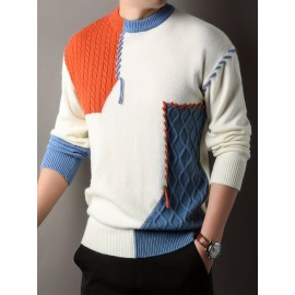 1pc Men'S Korean Style Crew Neck Sweater, Casual Striped Pattern, Rib-Knit, Slight Stretch, Loose Fit, Acrylic Knit Fabric, Thick Warm Patchwork Pullover for Fall/Winter - Fashionable Color Block Base Layer Top [12422]