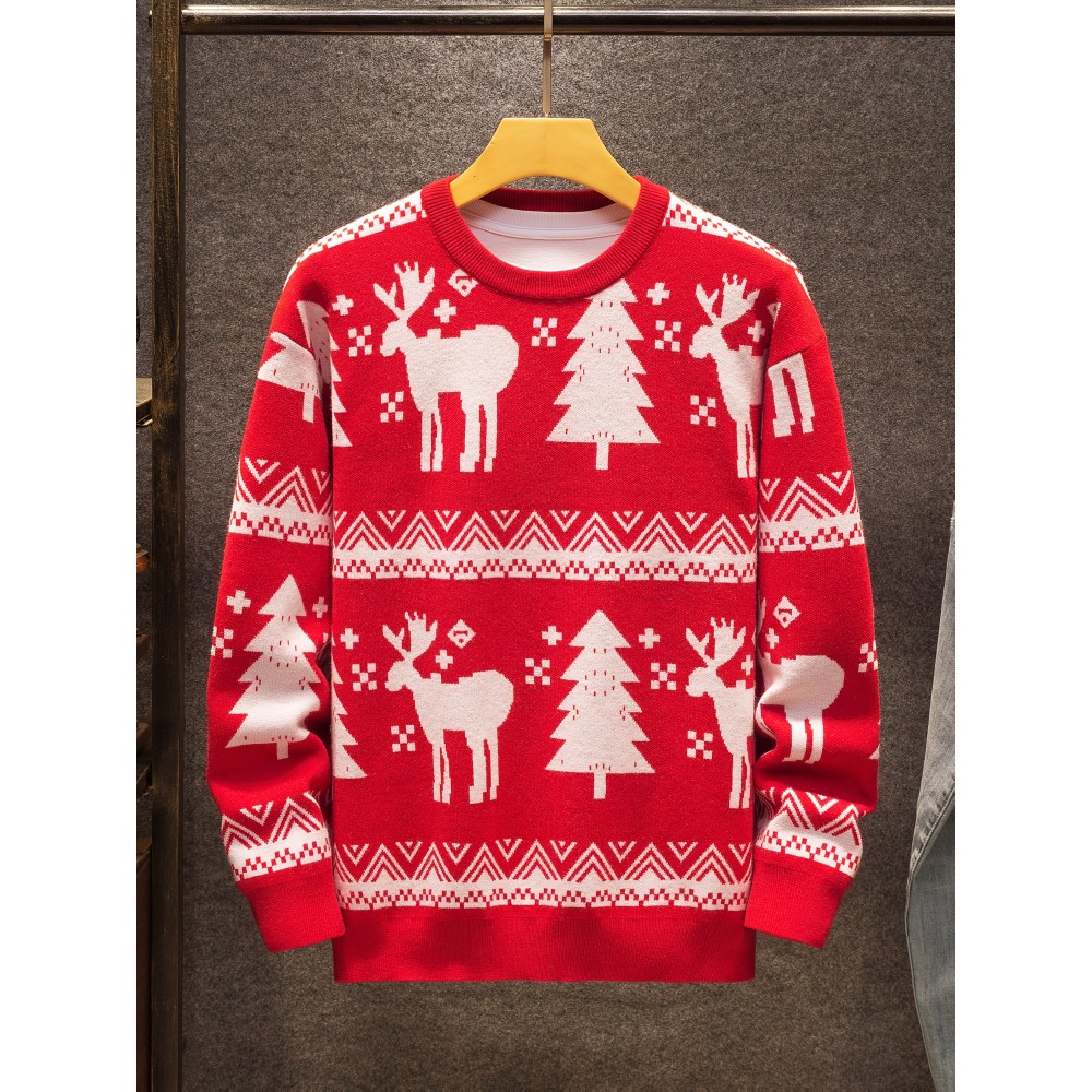 1pc Festive Acrylic Christmas Sweater for Men and Women - Crew Neck, Long Sleeve, Regular Fit, Knit Fabric with Deer and Tree Patterns, Medium Stretch, Party Pullovers for Fall/Winter