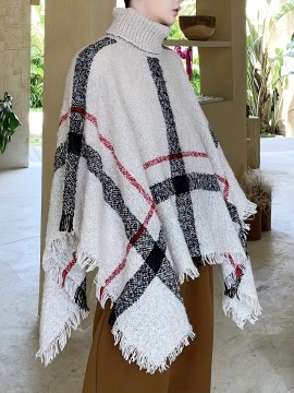 Men's Casual Plaid Tassel Shawl Sweater - Cozy Knit Pullover with High Neck, Loose Fit, Non-Sheer for Fall/Winter | Soft Acrylic, Machine Washable