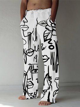 Men's Casual Athletic Joggers with Abstract Face Print - Loose Fit, Polyester Blend, Machine Washable