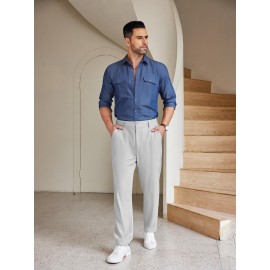 Men'S Casual Chino Pants, Rayon Blend, Non-Stretch, Solid Color, Regular Fit, with Button Detail, for All-Season Woven Flat Front Drawstring Trousers