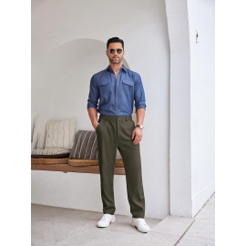 Men'S Casual Chino Pants, Rayon Blend, Non-Stretch, Solid Color, Regular Fit, with Button Detail, for All-Season Woven Flat Front Drawstring Trousers