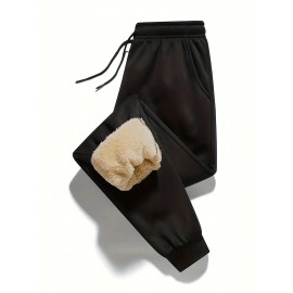 1pc Men'S Casual Mid Waist Sweatpants,  Fall/Winter Thick Fleece Lined, Solid Color Polyester Knit Fabric, Non-Stretch, Regular Fit Drawstring Waist, Weekend Comfort Warmth, No Belt - Polyester Fiber Filled