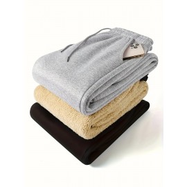 1pc Men'S Casual Mid Waist Sweatpants,  Fall/Winter Thick Fleece Lined, Solid Color Polyester Knit Fabric, Non-Stretch, Regular Fit Drawstring Waist, Weekend Comfort Warmth, No Belt - Polyester Fiber Filled