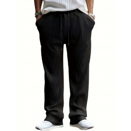 Men's Drawstring Pants Mid Waist Straight Leg Long Pants Casual Solid Color Ribbed Pants