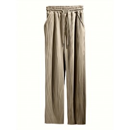 Men's Drawstring Pants Mid Waist Straight Leg Long Pants Casual Solid Color Ribbed Pants