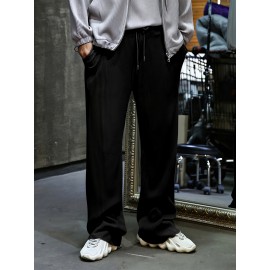 Men's Drawstring Pants Mid Waist Straight Leg Long Pants Casual Solid Color Ribbed Pants