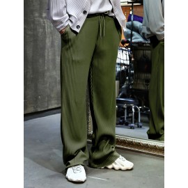 Men's Drawstring Pants Mid Waist Straight Leg Long Pants Casual Solid Color Ribbed Pants