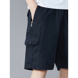 Casual Solid Men's Regular Fit Elastic Waist Cotton Cargo Shorts With Side Pockets For Summer Outdoor Leisure And Work