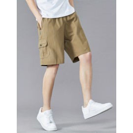 Casual Solid Men's Regular Fit Elastic Waist Cotton Cargo Shorts With Side Pockets For Summer Outdoor Leisure And Work