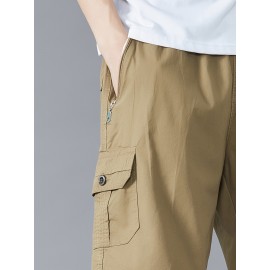 Casual Solid Men's Regular Fit Elastic Waist Cotton Cargo Shorts With Side Pockets For Summer Outdoor Leisure And Work