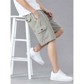 Casual Solid Men's Regular Fit Elastic Waist Cotton Cargo Shorts With Side Pockets For Summer Outdoor Leisure And Work