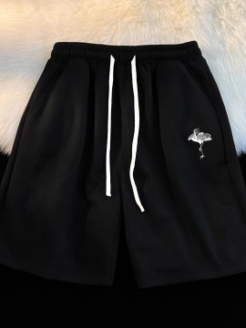 1pc Crane Emblem Casual Shorts, Polyester Knit Fabric with Slight Stretch, Regular Fit with Pockets, Alphabet Pattern - Comfortable Summer Wear